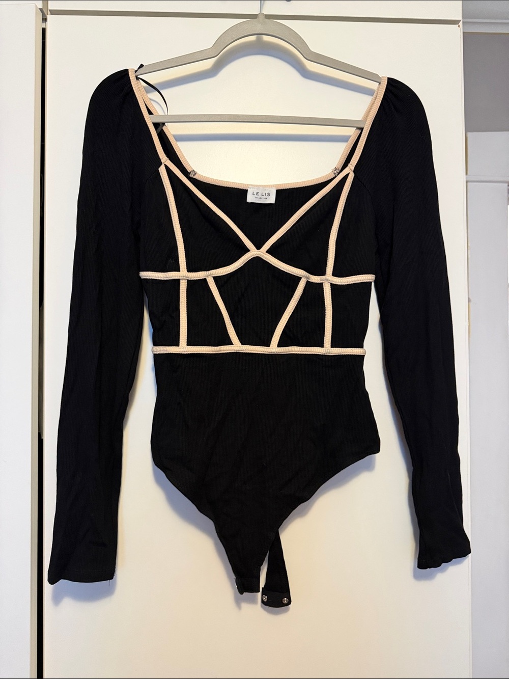 Le Lis Black Long-Sleeve Bodysuit with Beige Trim